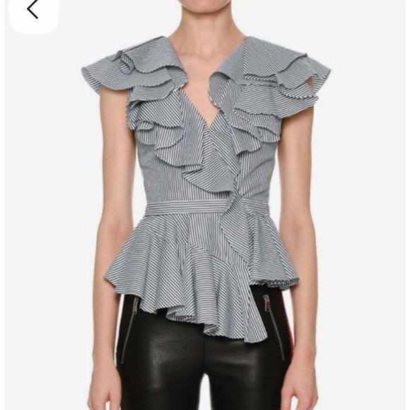 Alexander McQueen Tops - Alexander McQueen Navy and White Striped Ruffle Peplum Top